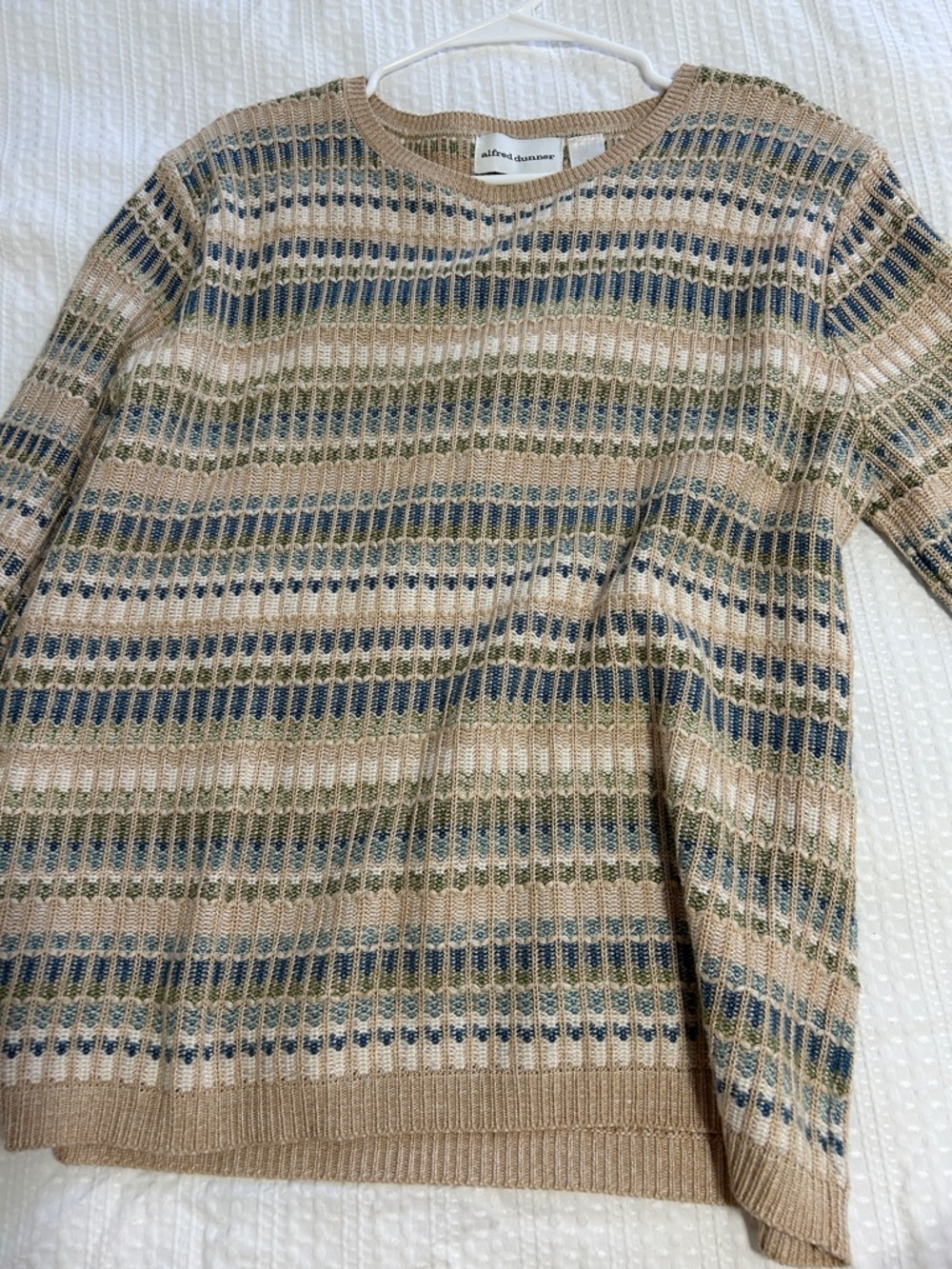 Alfred Dunner Beige, Blue & Olive Striped Crewneck Sweater